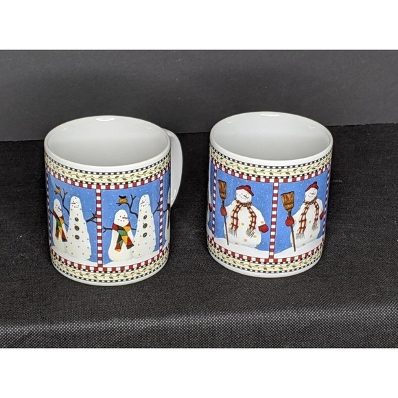 Sakura Debbie Mumm SNOWMAN Cups Mug Set of 2 Different Designs 3 5/8" Tall 1998 - Picture 4 of 4